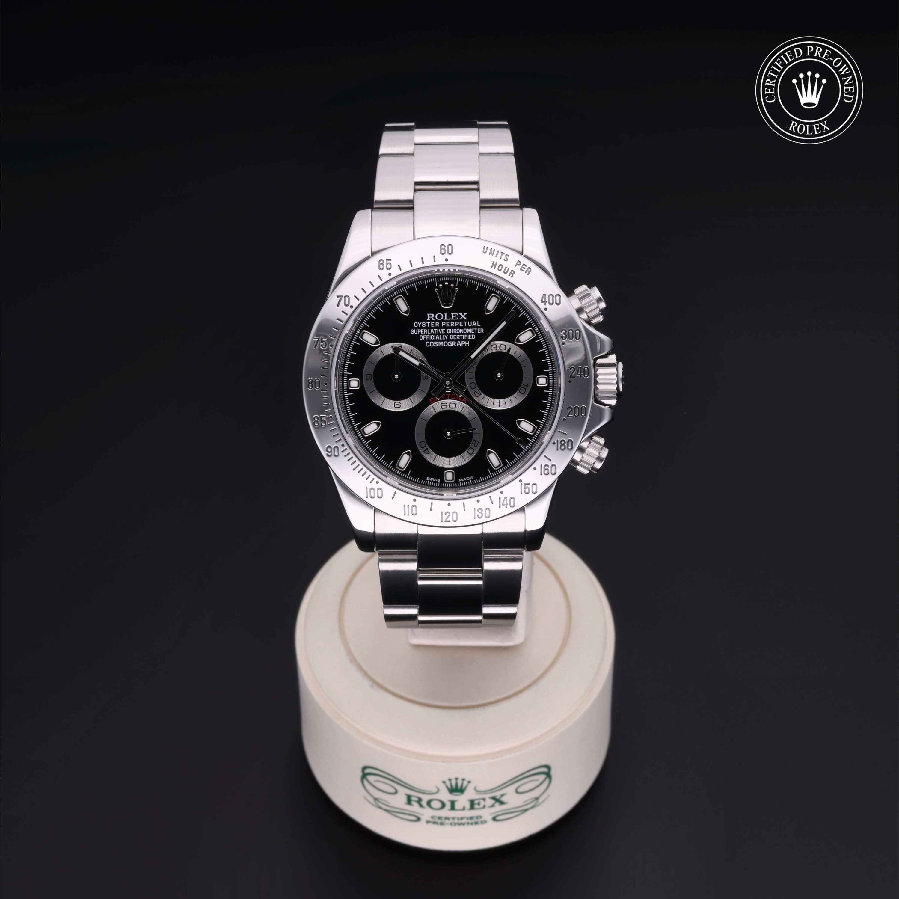Rolex Certified Pre-owned Daytona M116520-0011 front on black background