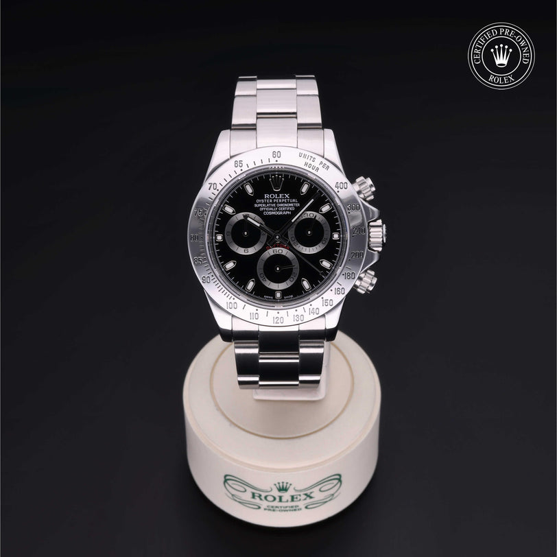 Rolex Certified Pre-owned Daytona M116520-0011 front on black background