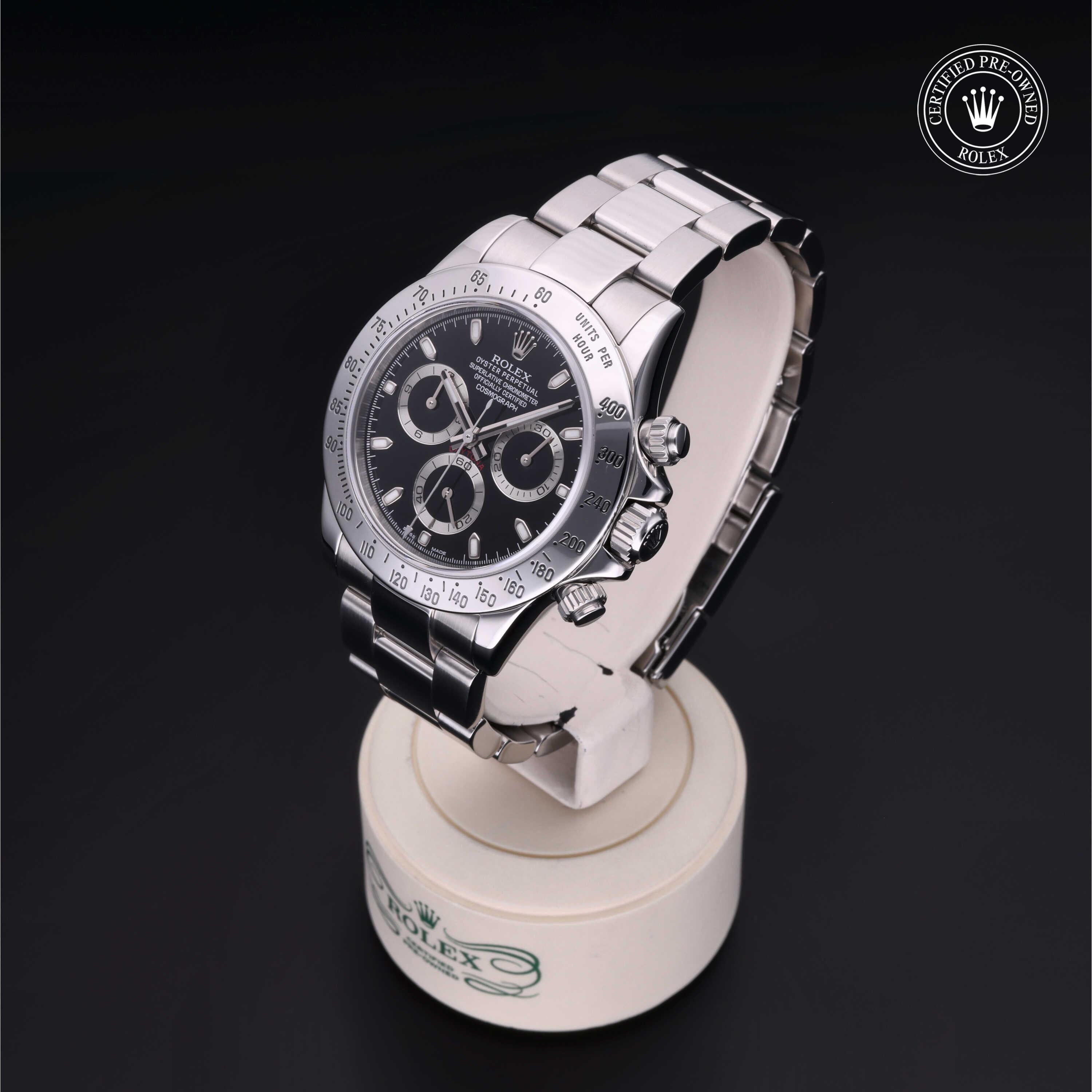 Rolex Certified Pre-owned Daytona M116520-0011 front on black background