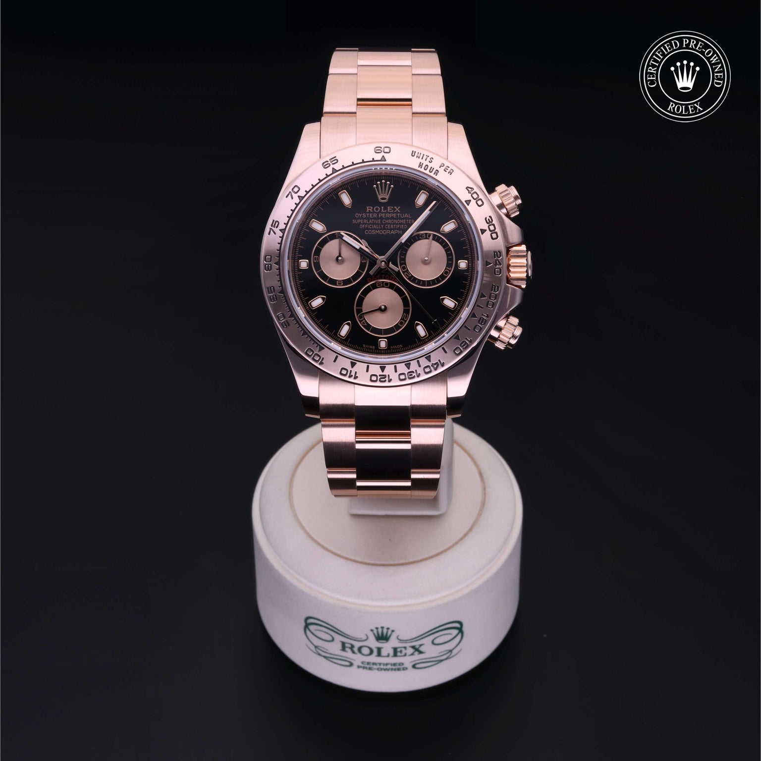 Rolex Certified Pre-owned Daytona M116505-0002 front on black background