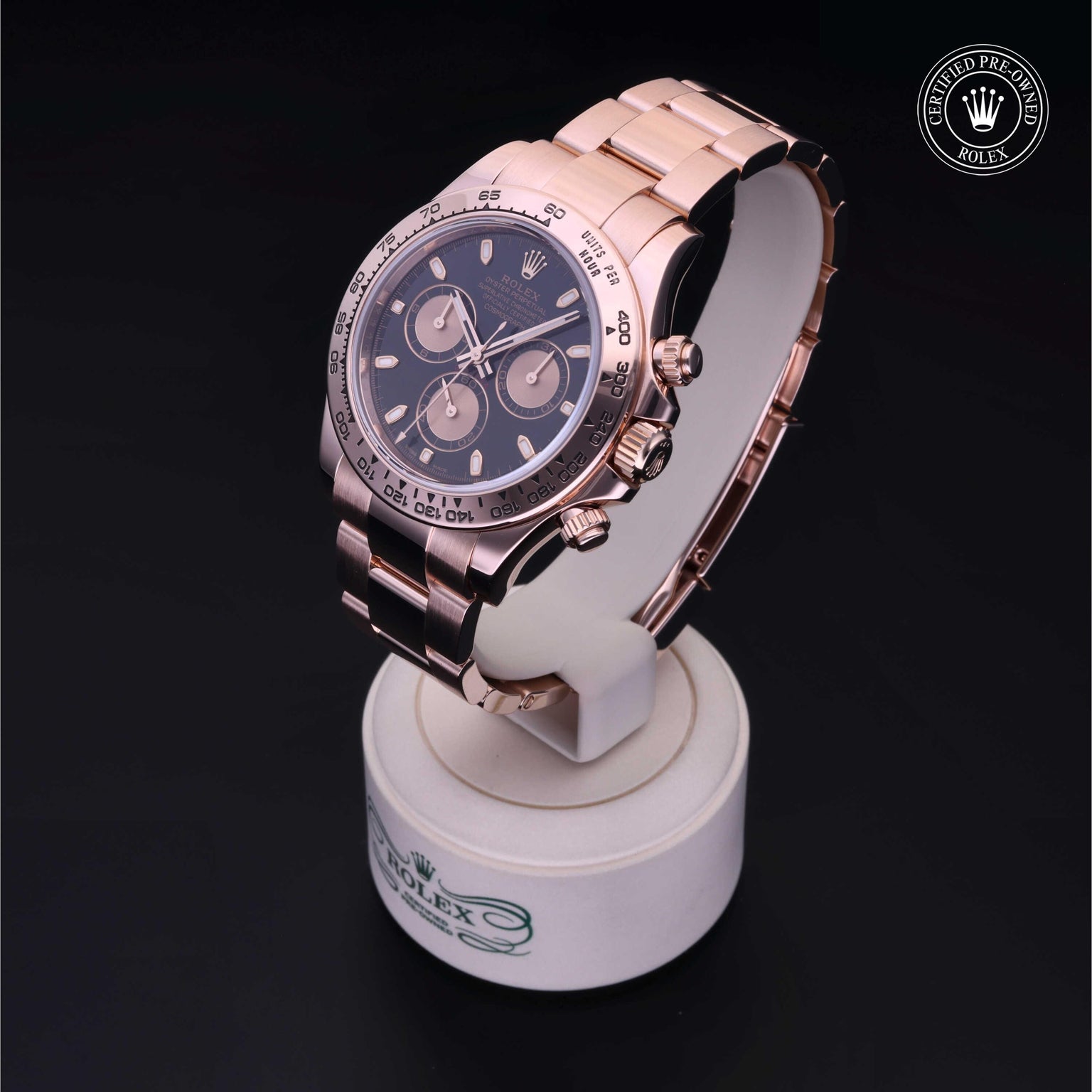 Rolex Certified Pre-owned Daytona M116505-0002 front on black background