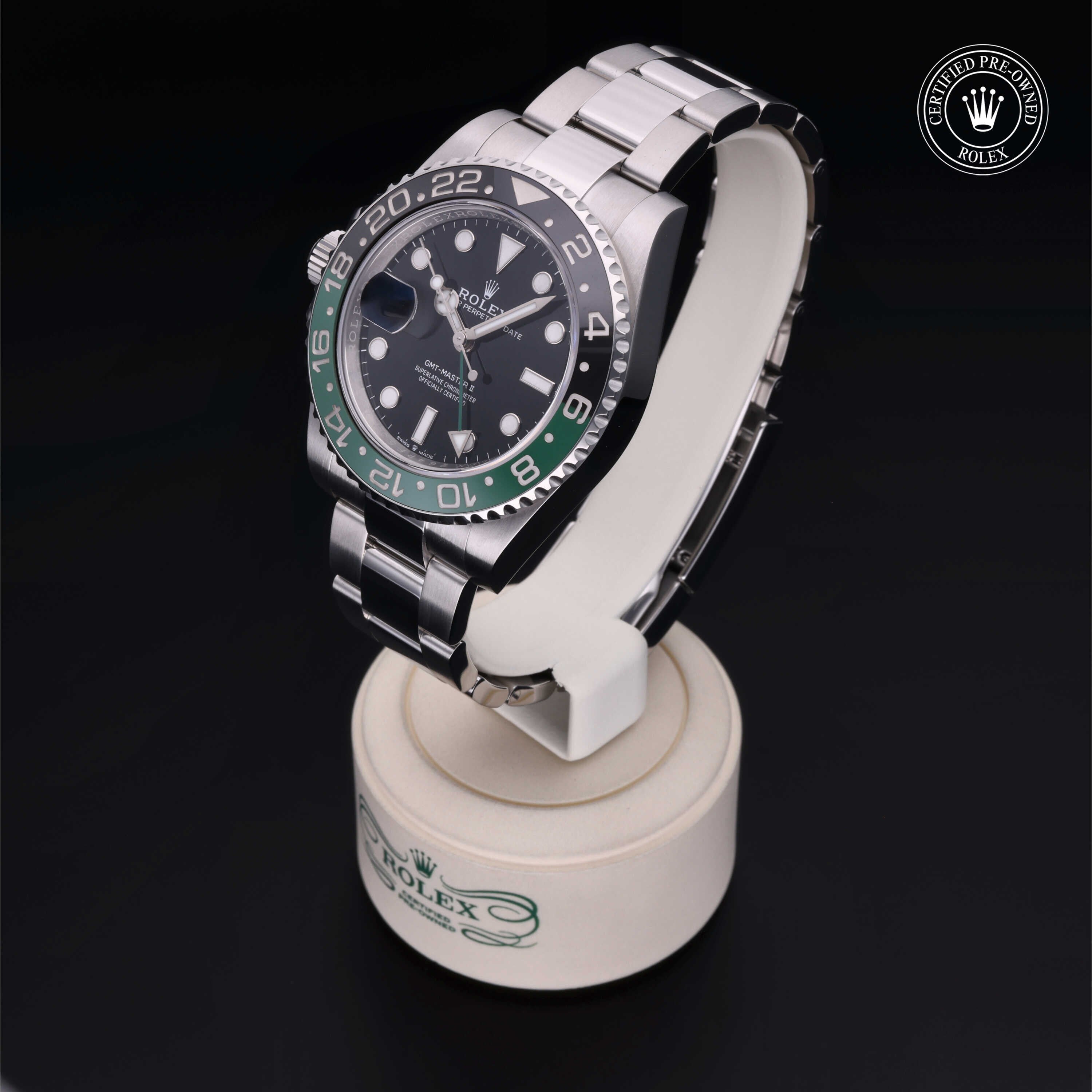 Rolex Certified Pre-owned GMT M126720VTNR-0001 front on black background