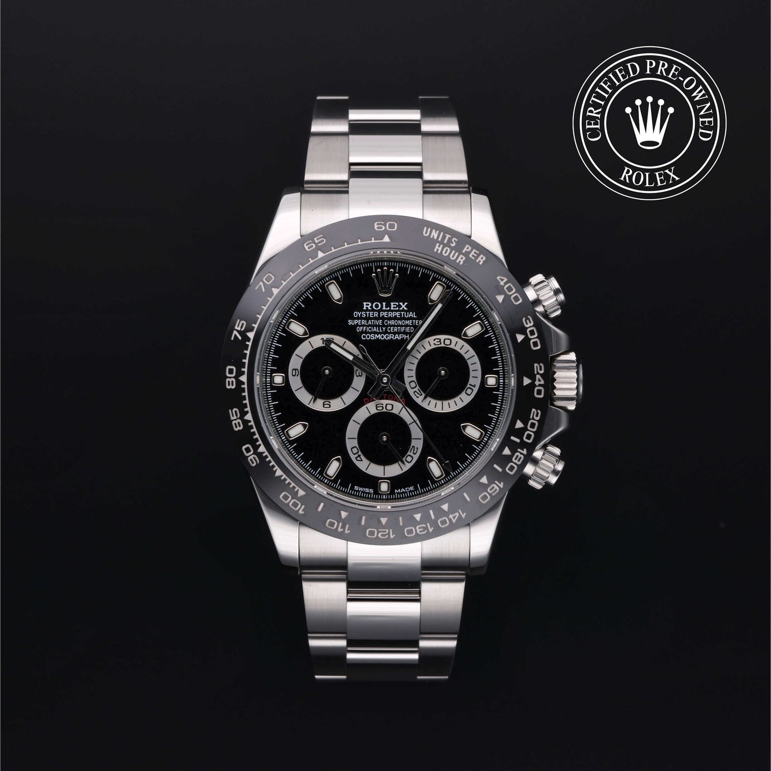 Rolex Certified Pre-owned Daytona M116500LN-0002 front on black background