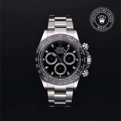 Rolex Certified Pre-owned Daytona M116500LN-0002 front on black background