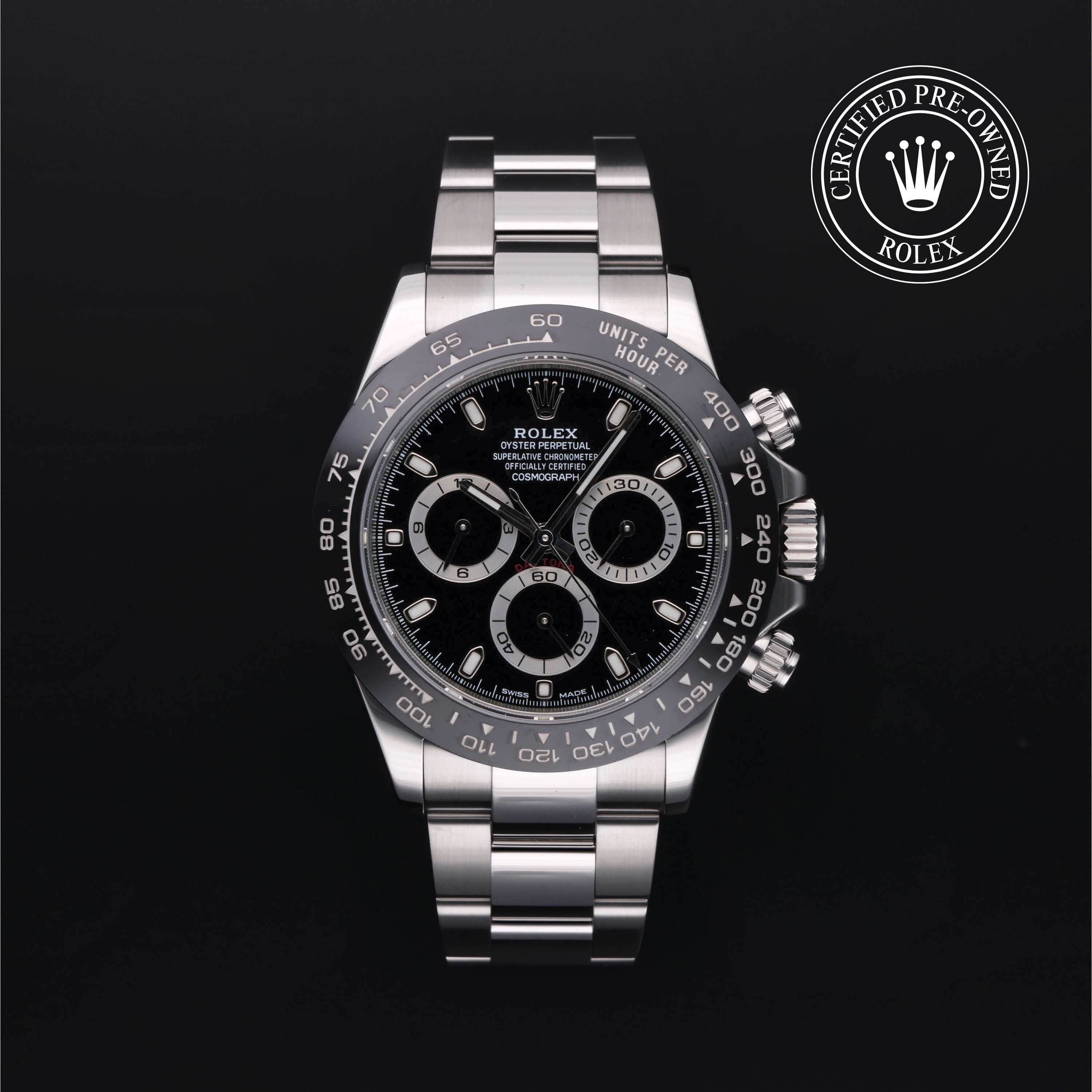 Rolex Certified Pre-owned Daytona M116500LN-0002 front on black background
