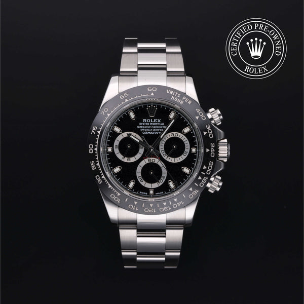 Rolex Certified Pre-owned Daytona M116500LN-0002 front on black background