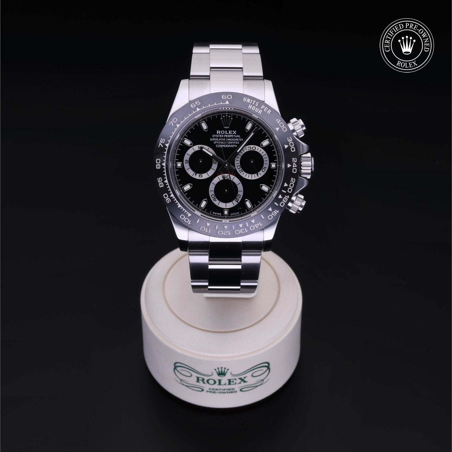 Rolex Certified Pre-owned Daytona M116500LN-0002 front on black background