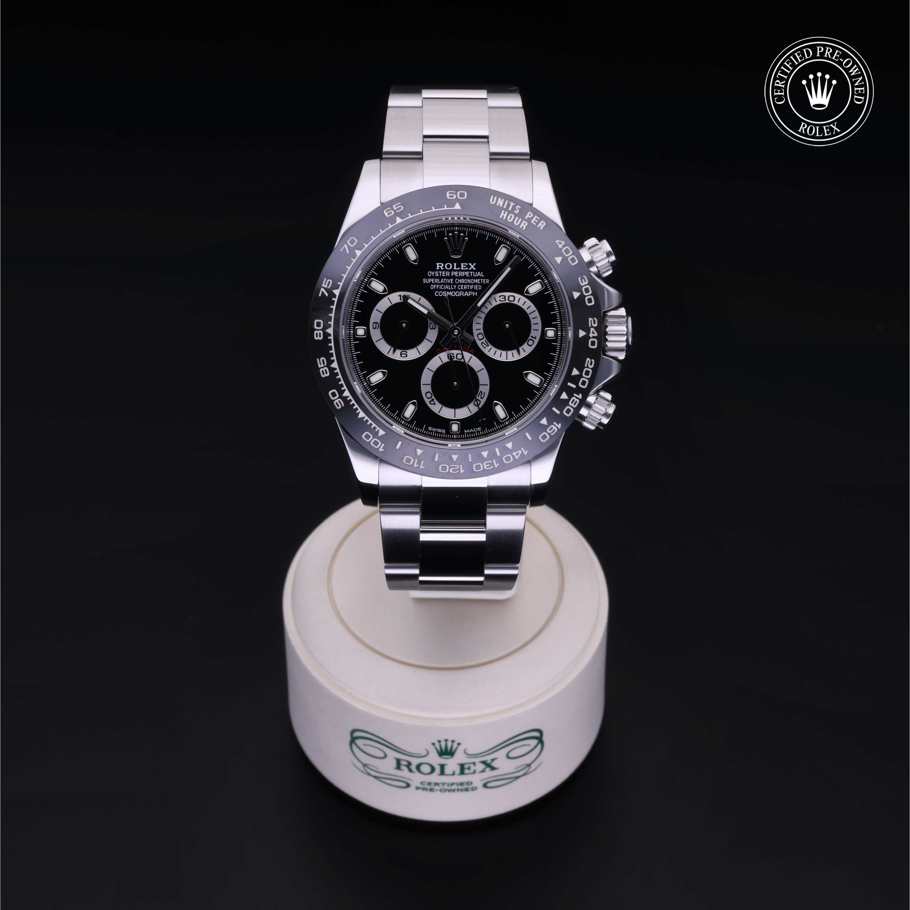 Rolex Certified Pre-owned Daytona M116500LN-0002 front on black background