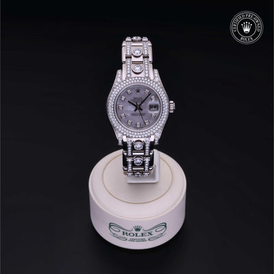 Rolex CPO Pearlmaster M80359 front on white background