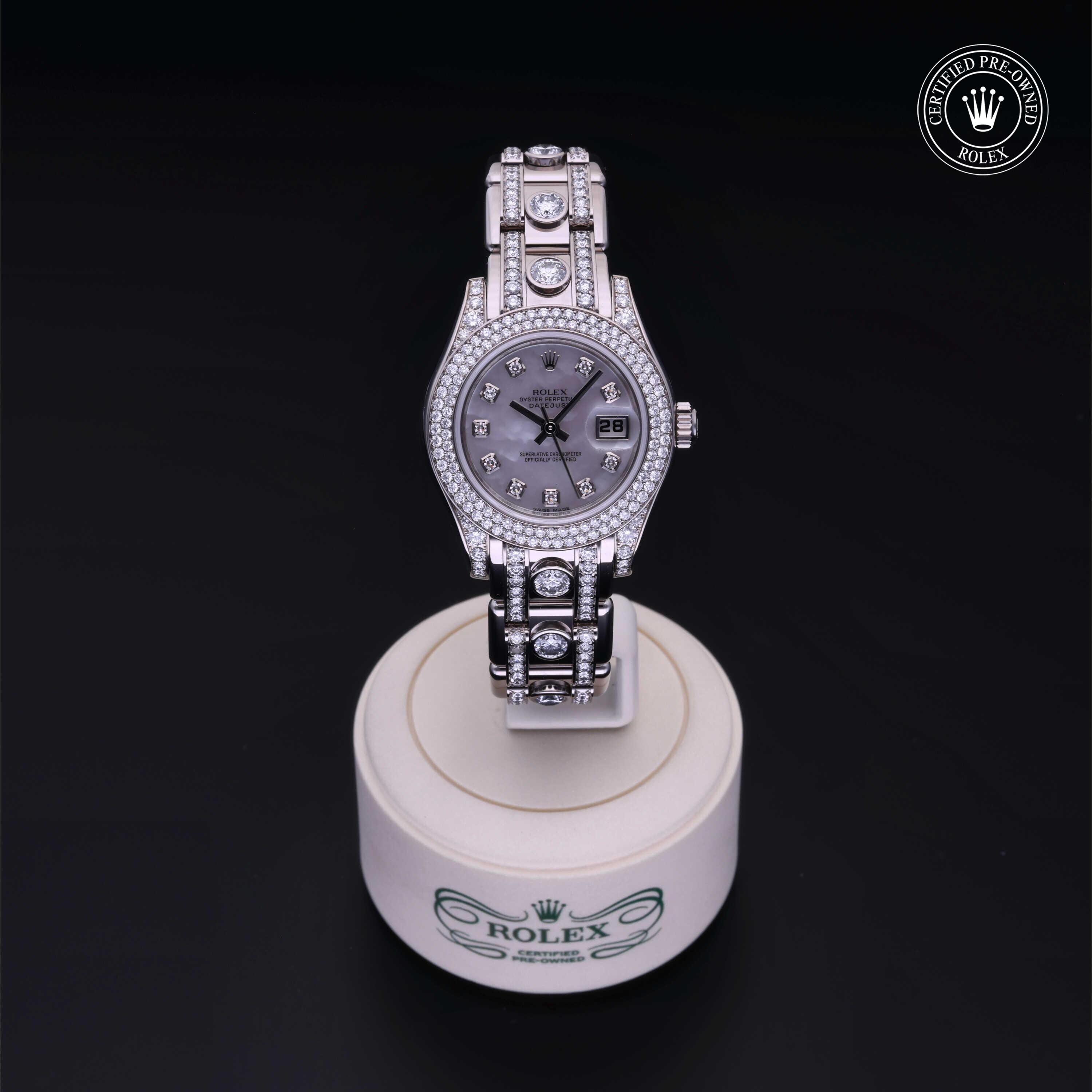 Rolex CPO Pearlmaster M80359 front on white background