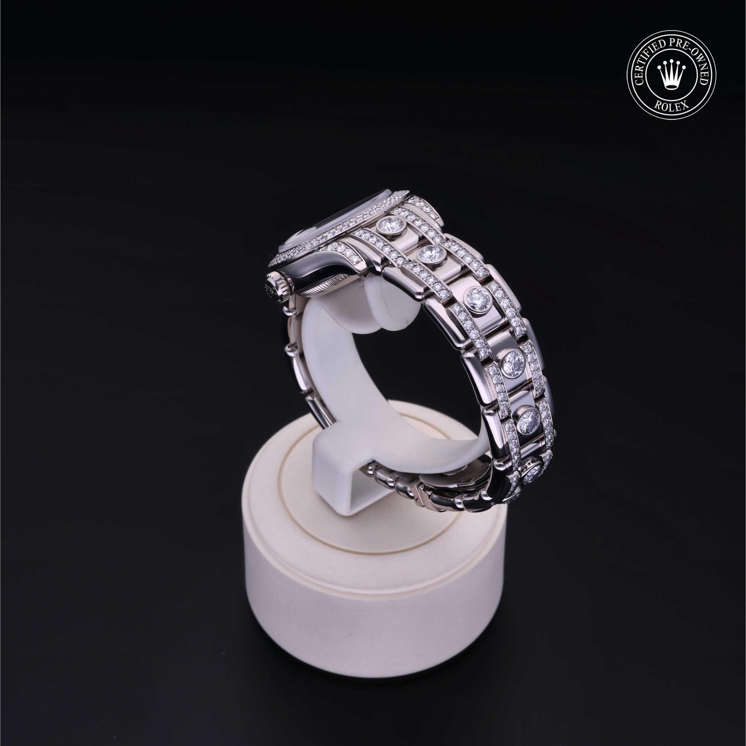 Rolex CPO Pearlmaster M80359 front on white background