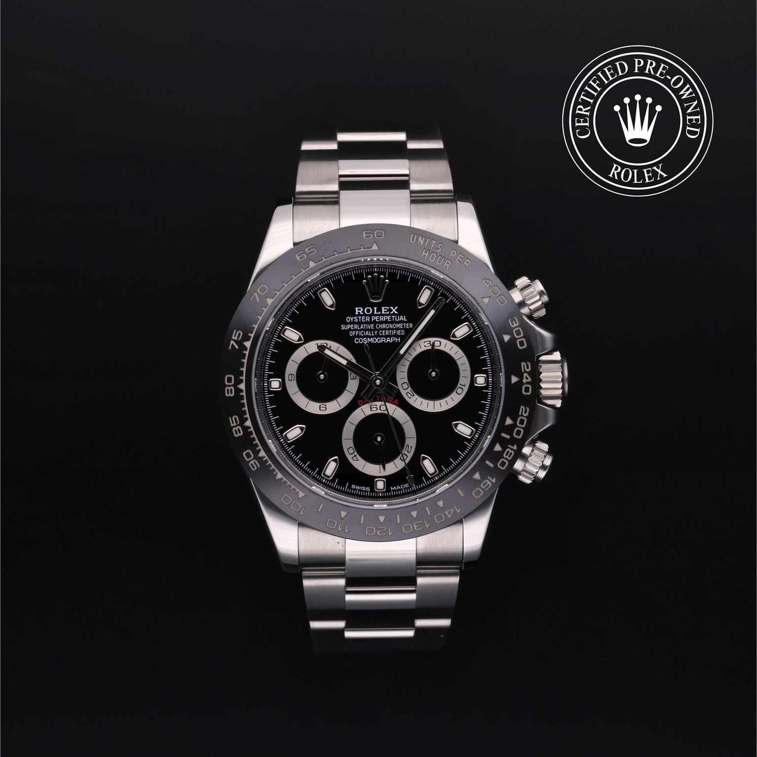 Rolex Certified Pre-owned Daytona M116500LN-0002 front on black background