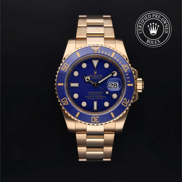 Rolex Certified Pre-owned Submariner M116618LB-0003 front on black background