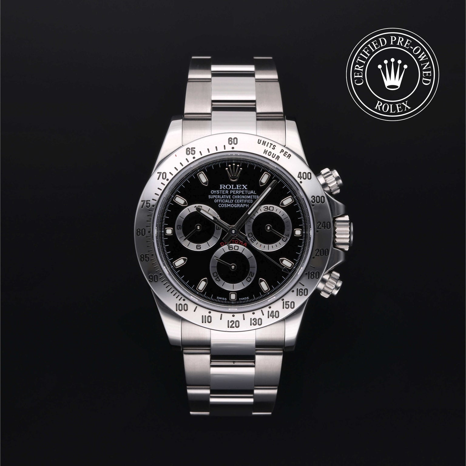 Rolex Certified Pre-owned Daytona M116520-0015 front on black background