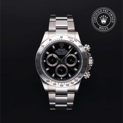 Rolex Certified Pre-owned Daytona M116520-0015 front on black background