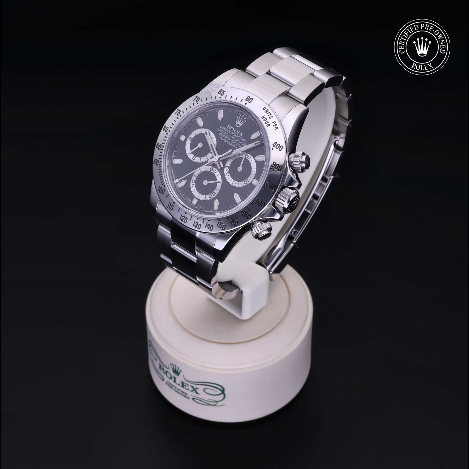 Rolex Certified Pre-owned Daytona M116520-0015 front on black background