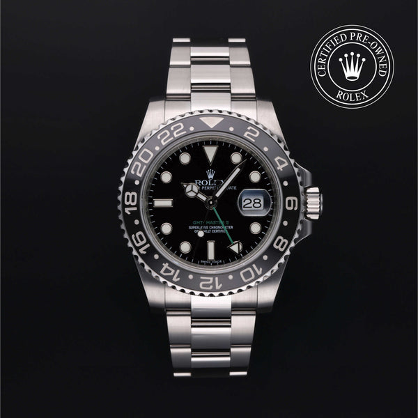 Rolex Certified Pre-owned GMT M116710LN-0001 front on black background