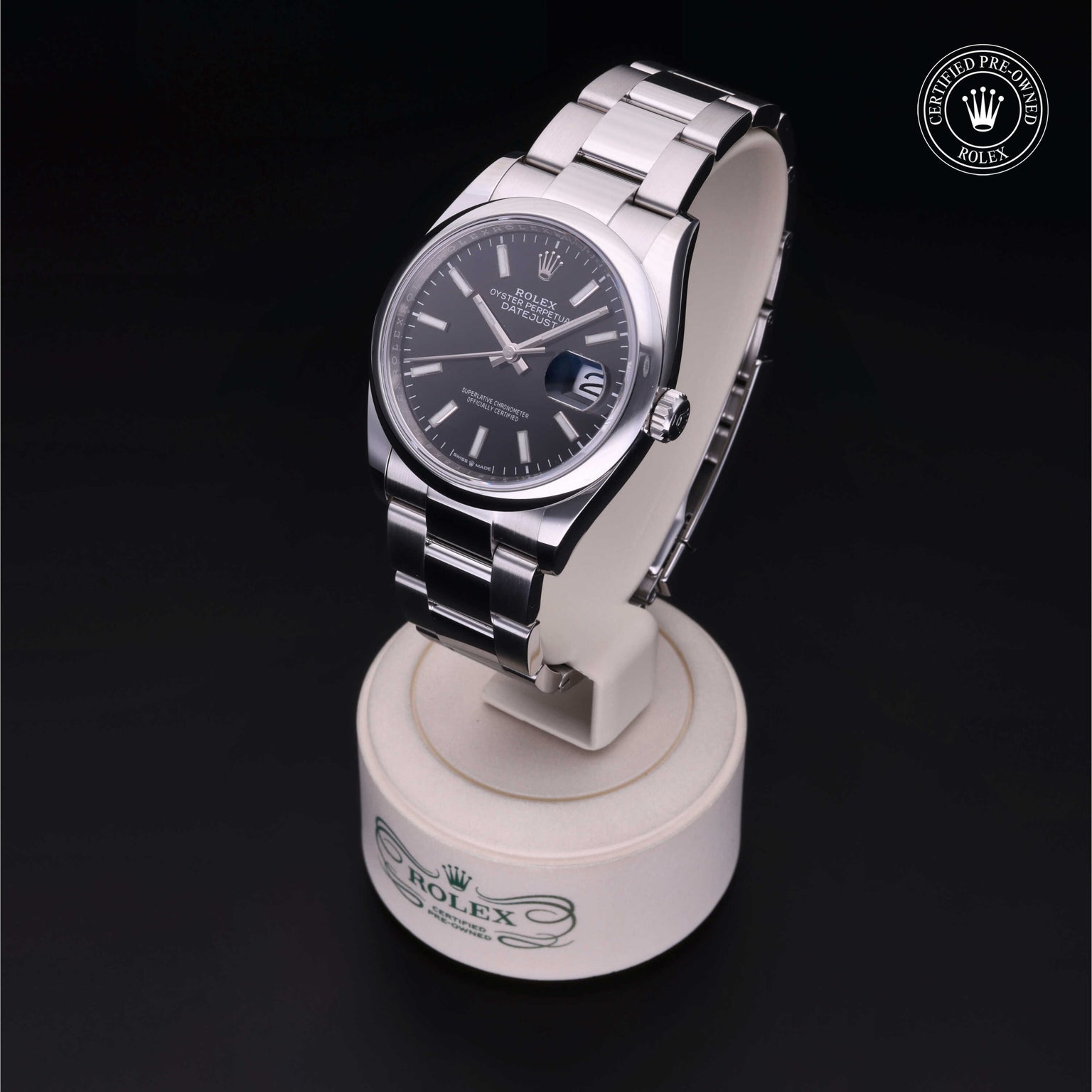 Rolex Certified Pre-owned Datejust M126200-0004 front on black background