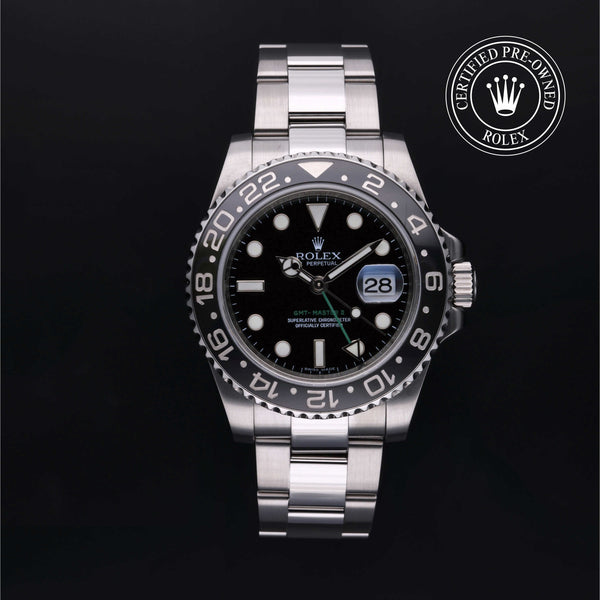 Rolex Certified Pre-owned GMT M116710LN-0001 front on black background