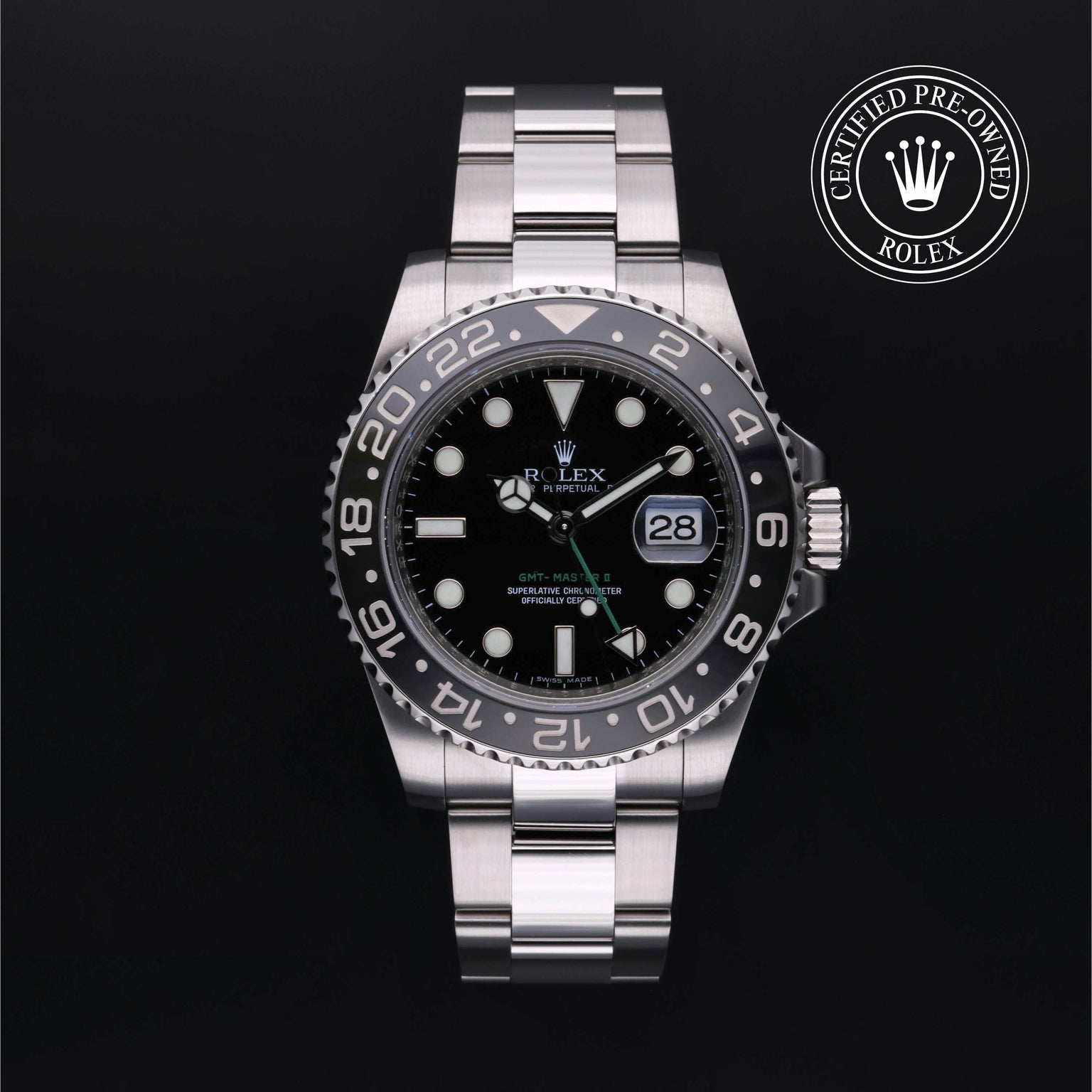Rolex Certified Pre-owned GMT M116710LN-0001 front on black background
