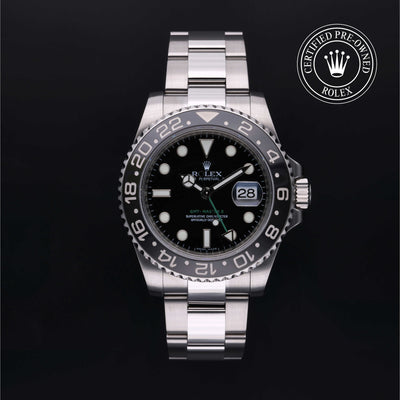 Rolex Certified Pre-owned GMT M116710LN-0001 front on black background