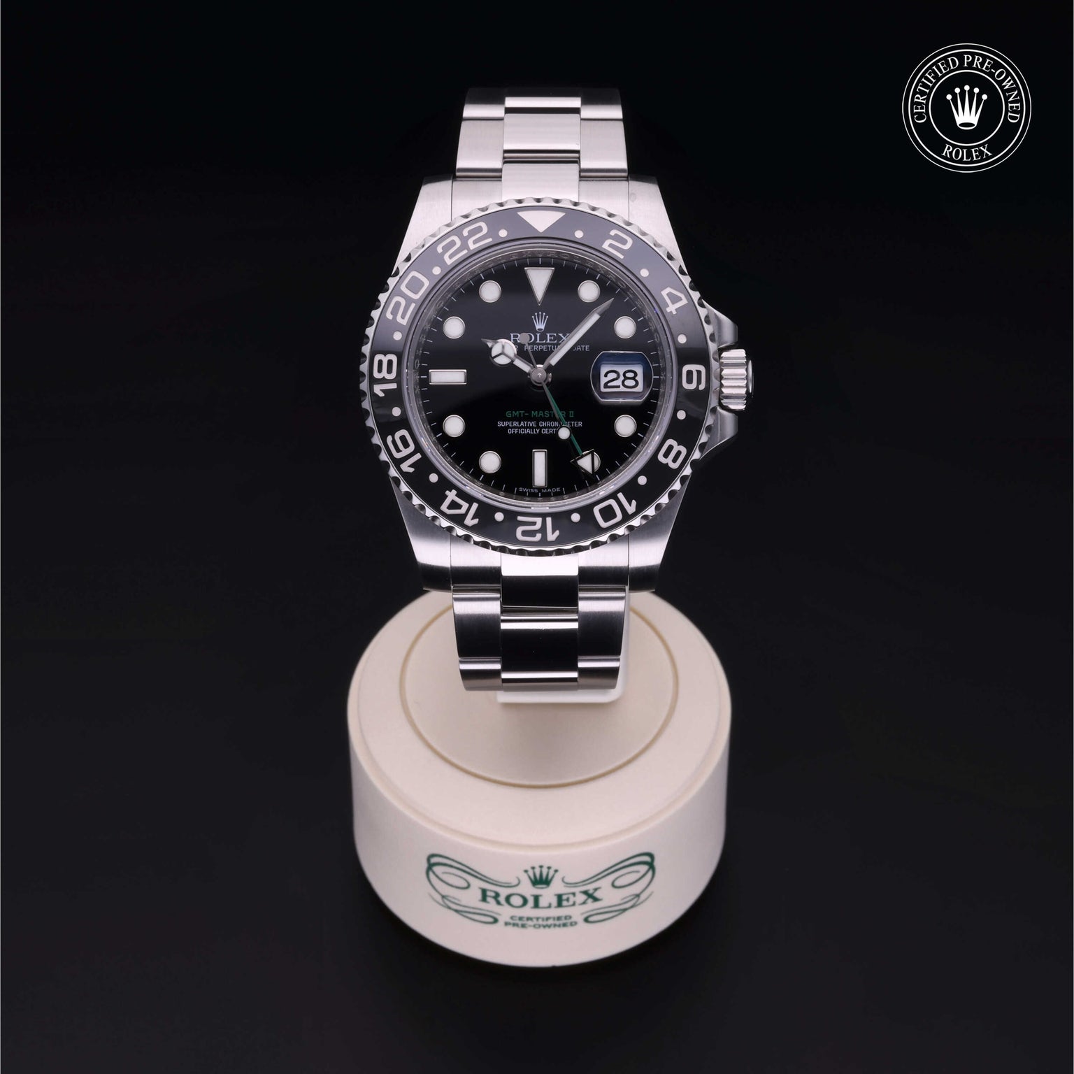 Rolex Certified Pre-owned GMT M116710LN-0001 front on black background