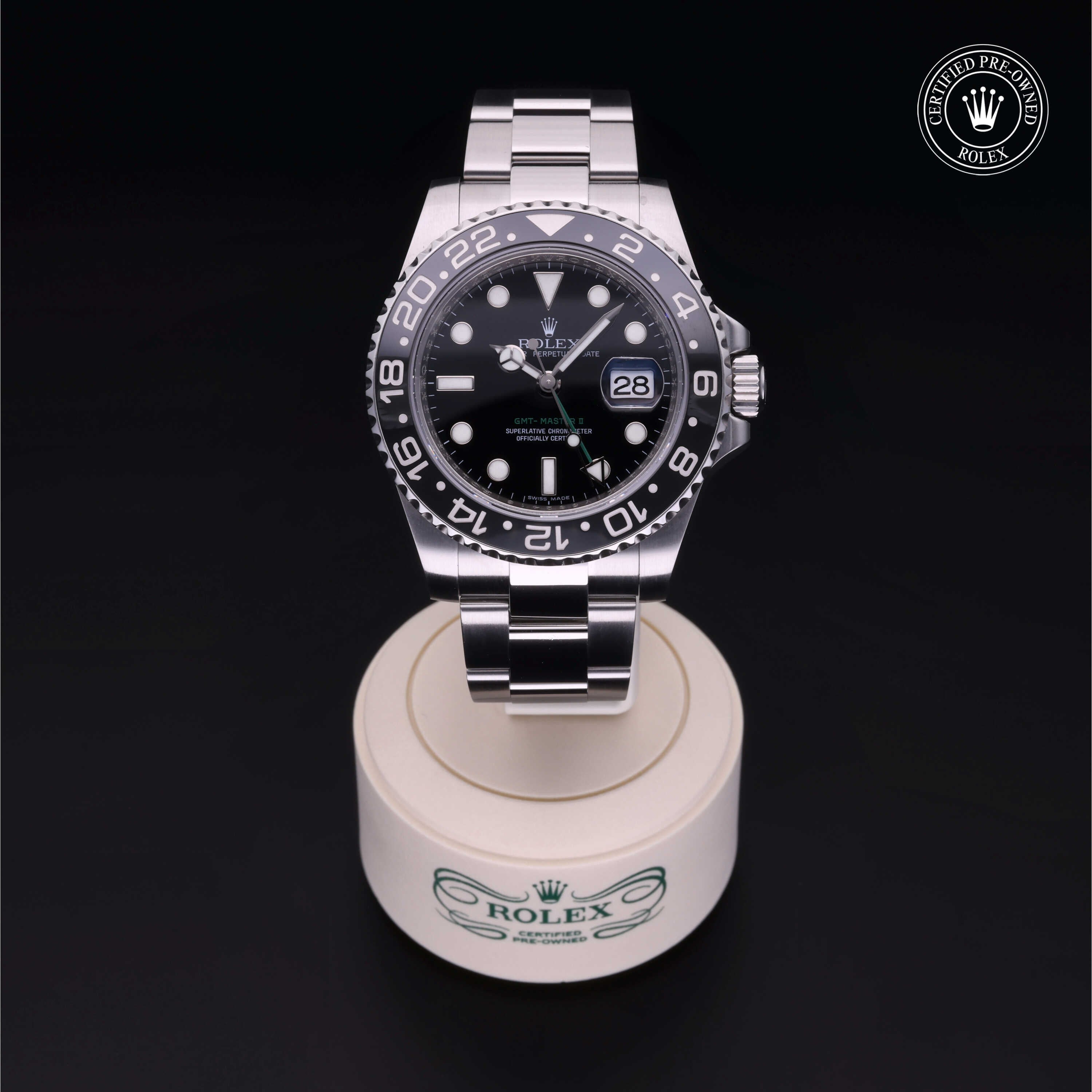Rolex Certified Pre-owned GMT M116710LN-0001 front on black background