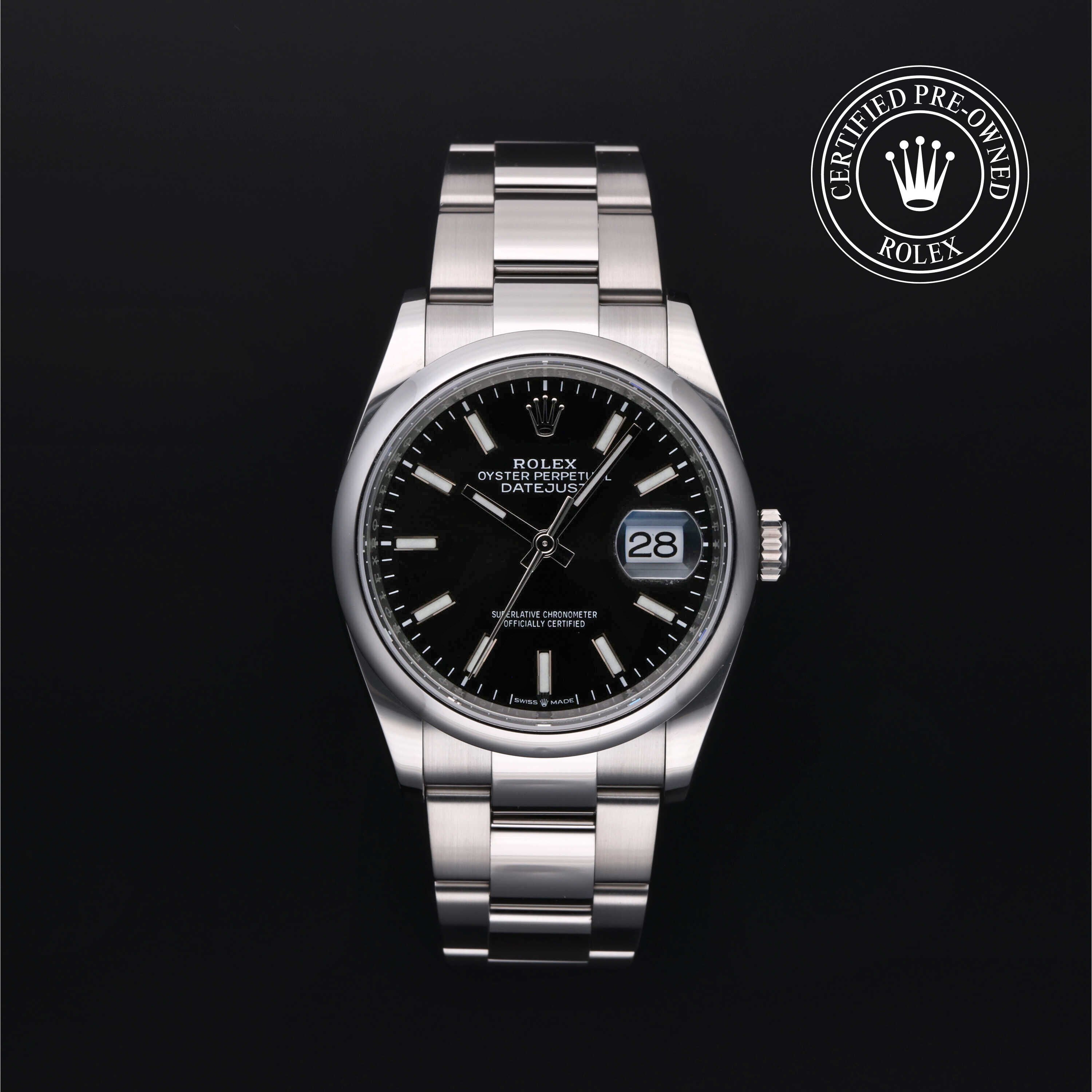 Rolex Certified Pre-owned Datejust M126200-0004 front on black background