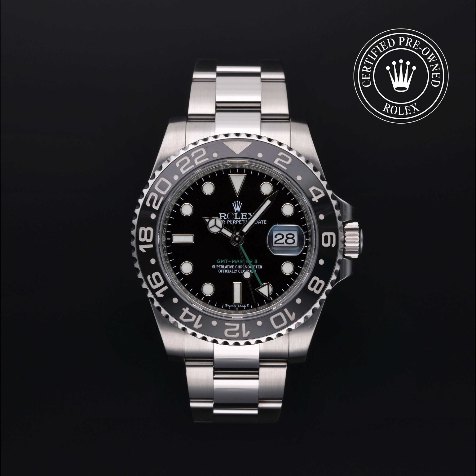 Rolex Certified Pre-owned GMT M116710LN-0001 front on black background