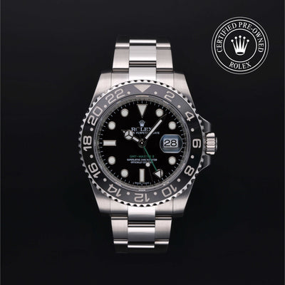 Rolex Certified Pre-owned GMT M116710LN-0001 front on black background