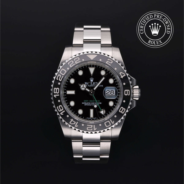 Rolex Certified Pre-owned GMT M116710LN-0001 front on black background