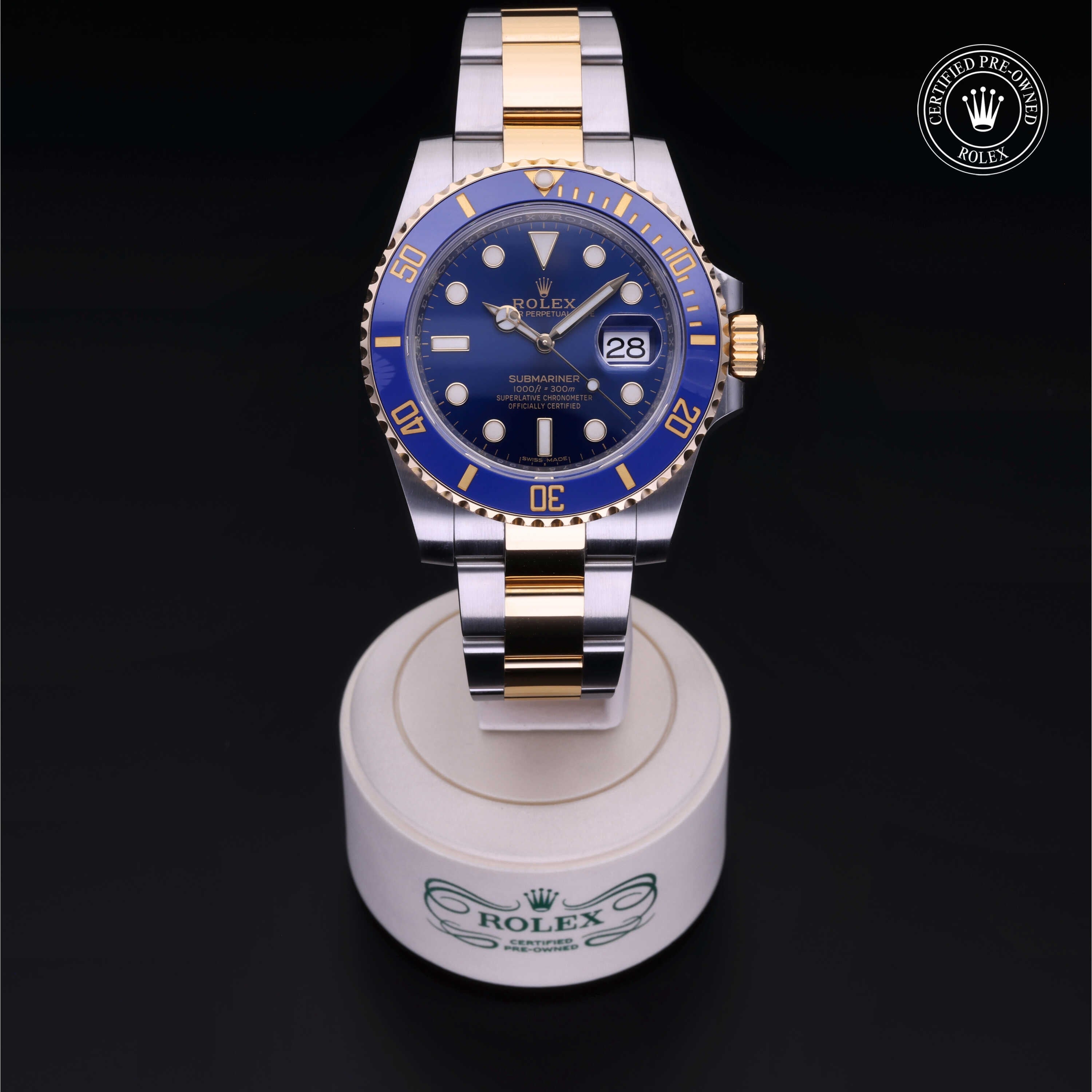 Rolex Certified Pre-owned Submariner M116613LB-0005 front on black background