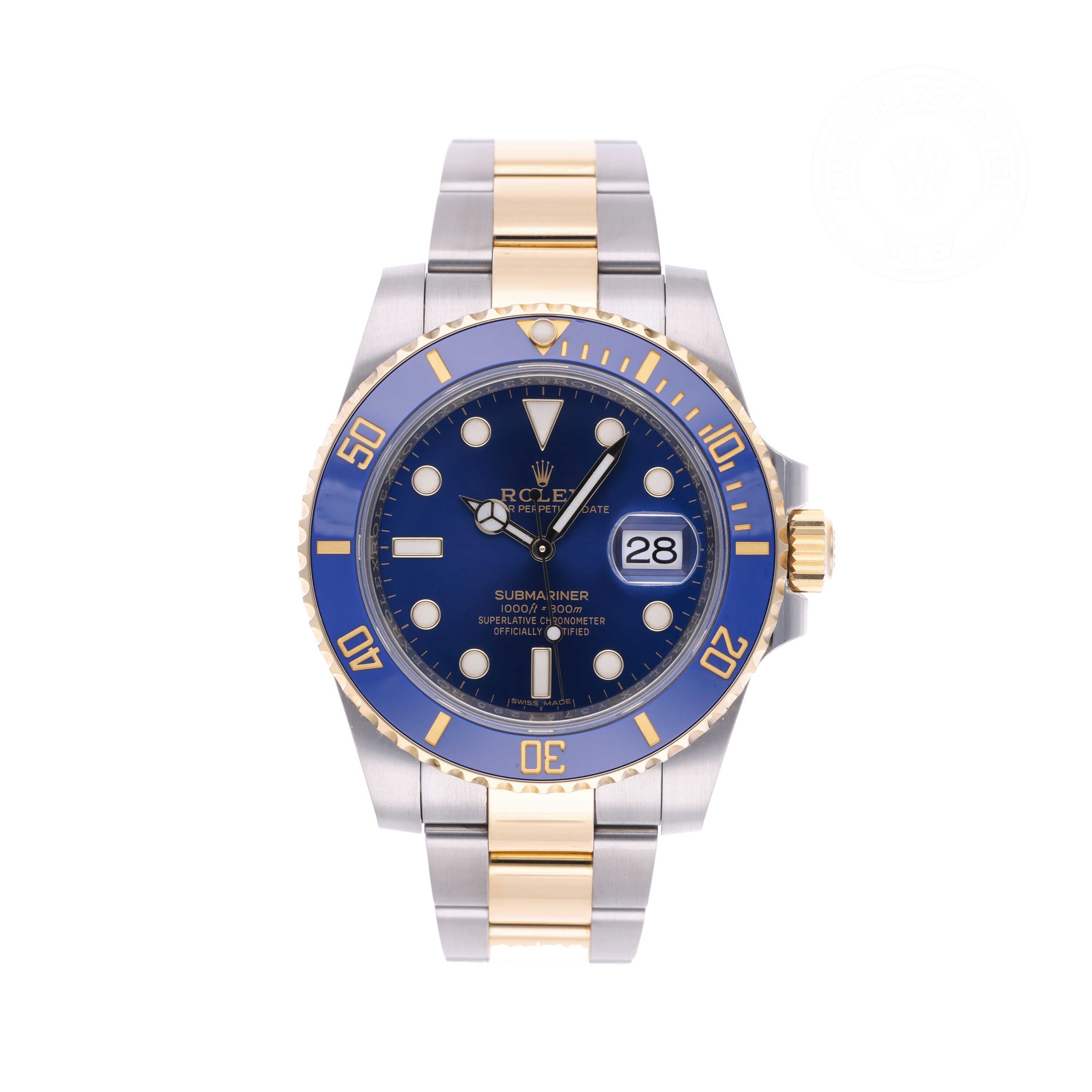 Rolex Certified Pre-owned Submariner M116613LB-0005 front on white background