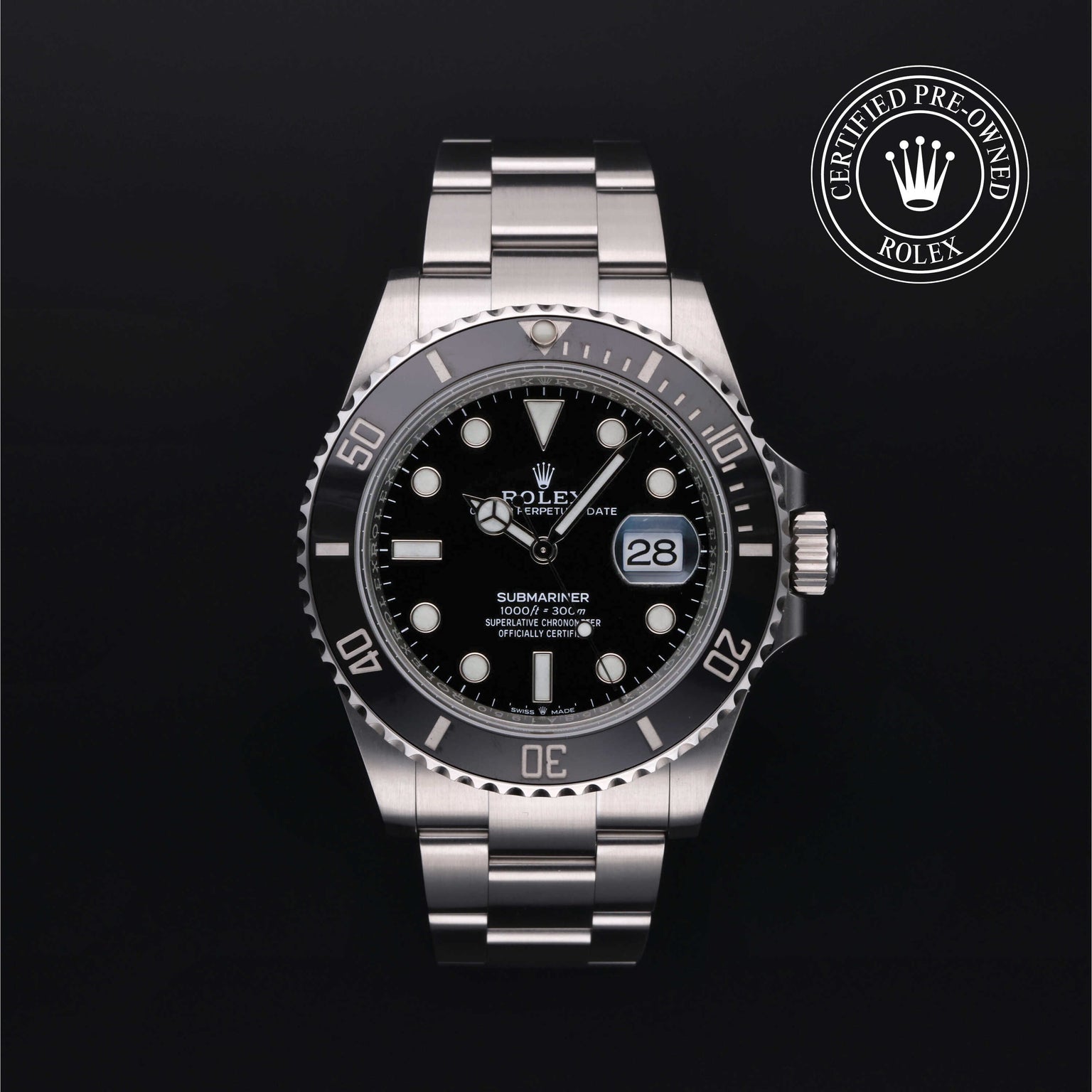 Rolex Certified Pre-owned Submariner M126610LN-0001 front on black background