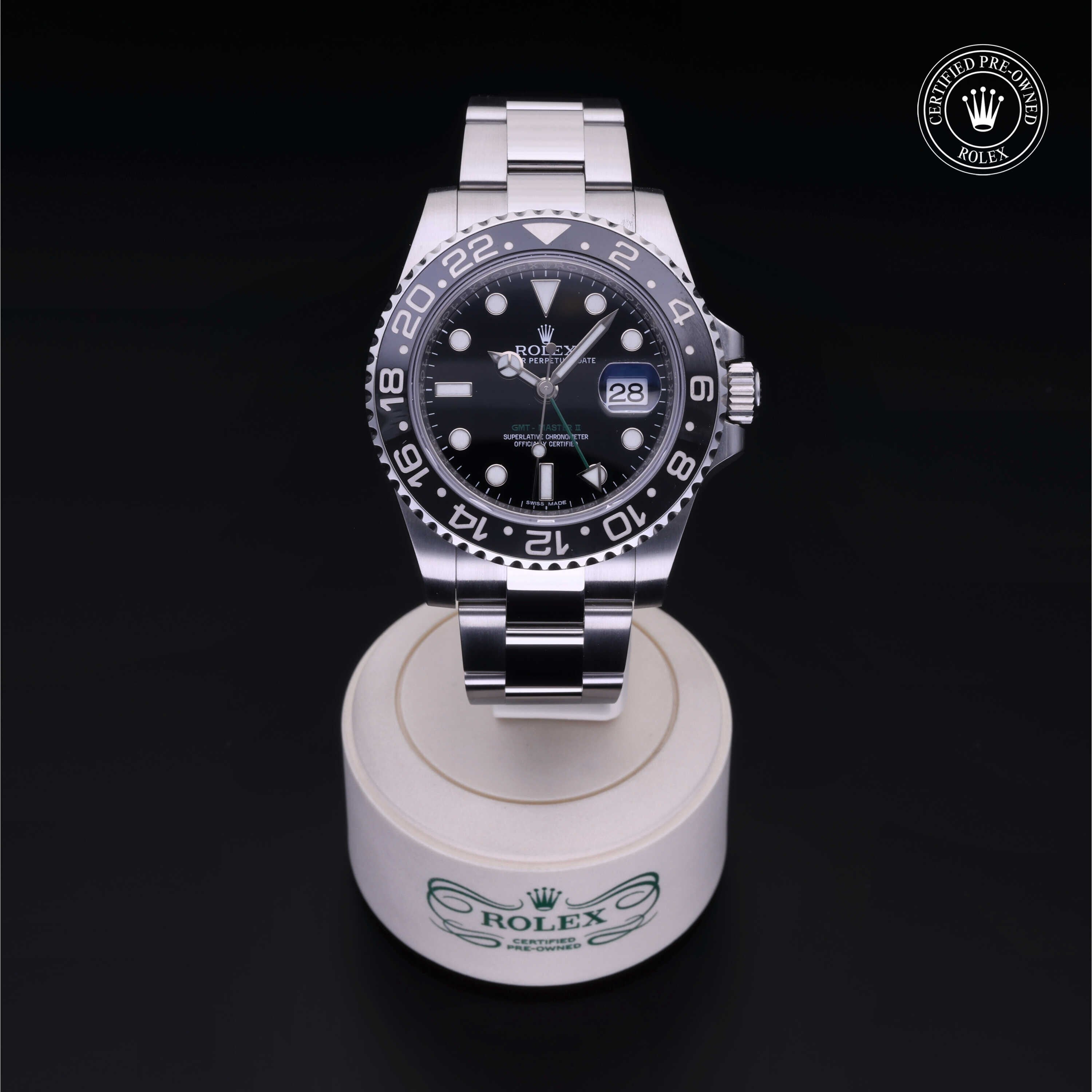 Rolex Certified Pre-owned GMT M116710LN-0001 front on black background