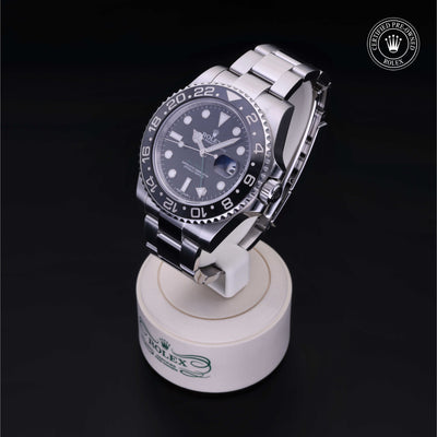 Rolex Certified Pre-owned GMT M116710LN-0001 front on black background
