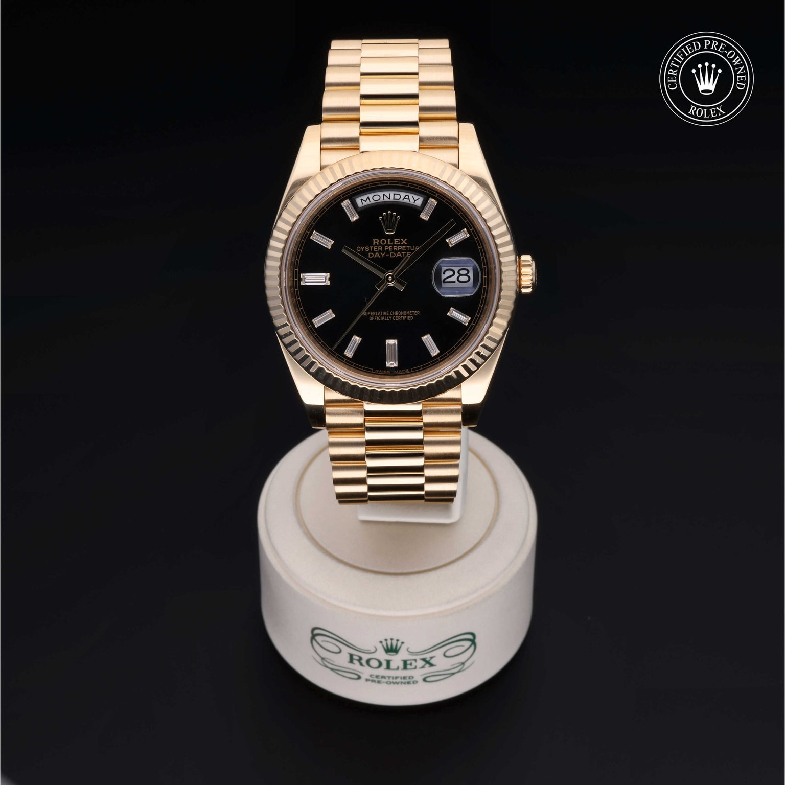 Rolex Certified Pre-owned Day-date M228238-0004 front on black background
