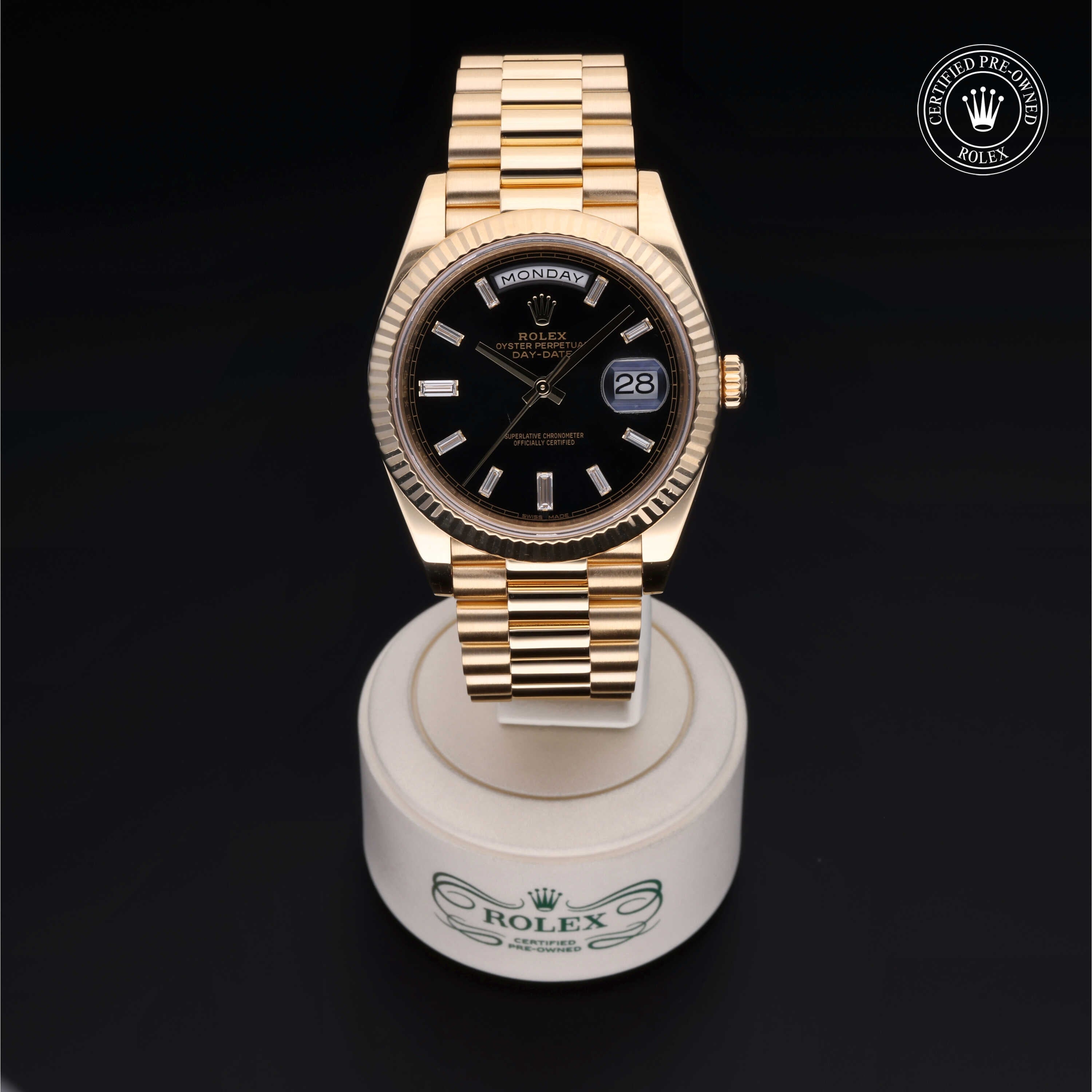 Rolex Certified Pre-owned Day-date M228238-0004 front on black background