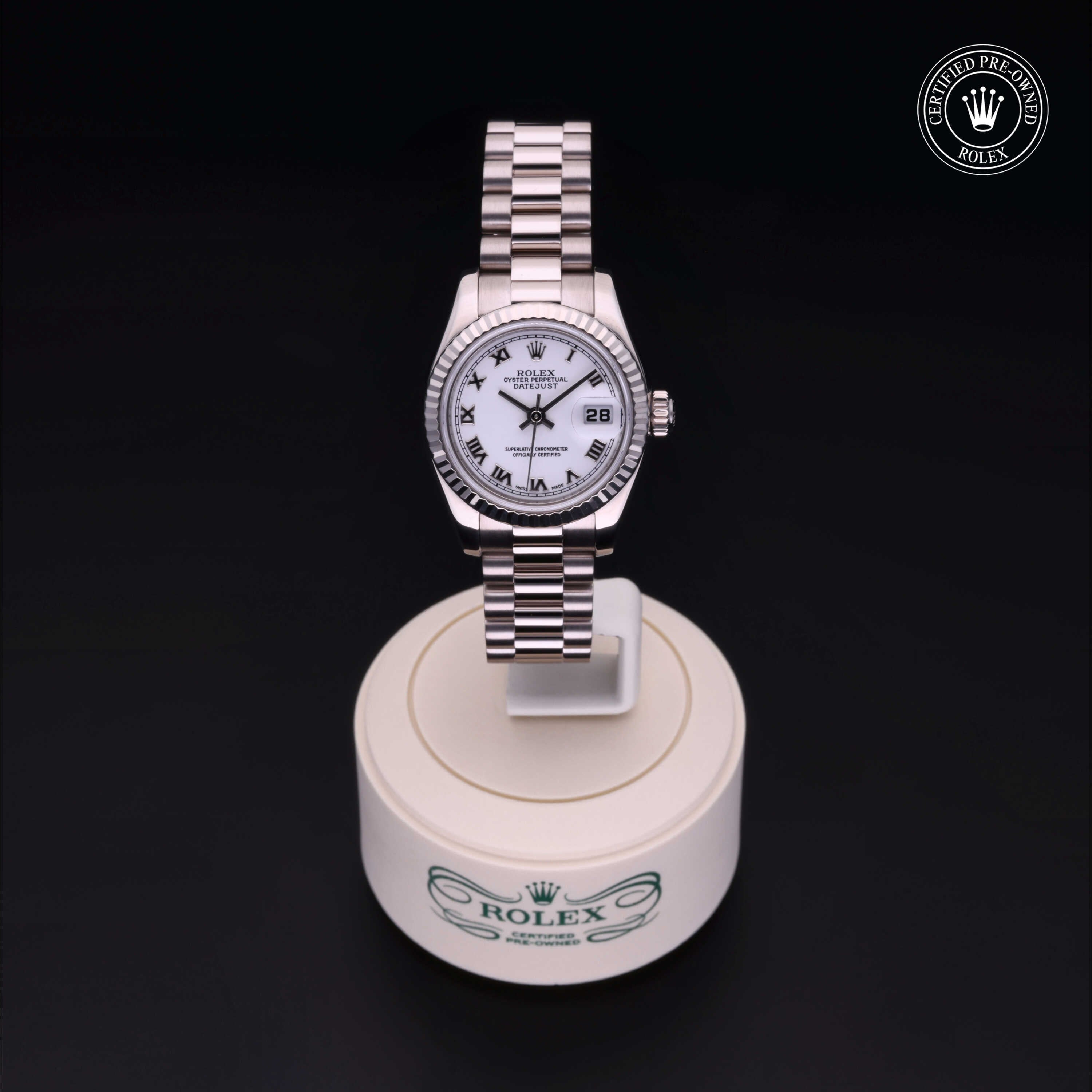 Rolex Certified Pre-owned Lady Datejust M179179-0003 front on black background