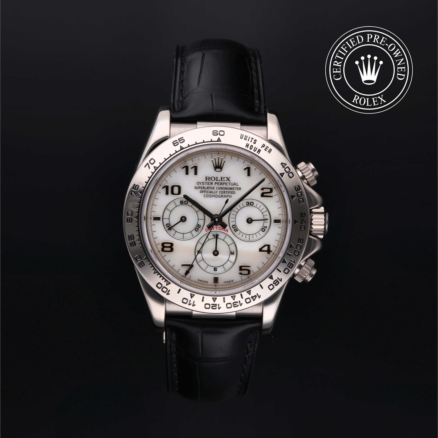 Rolex Certified Pre-owned Daytona M16519-0002 front on black background