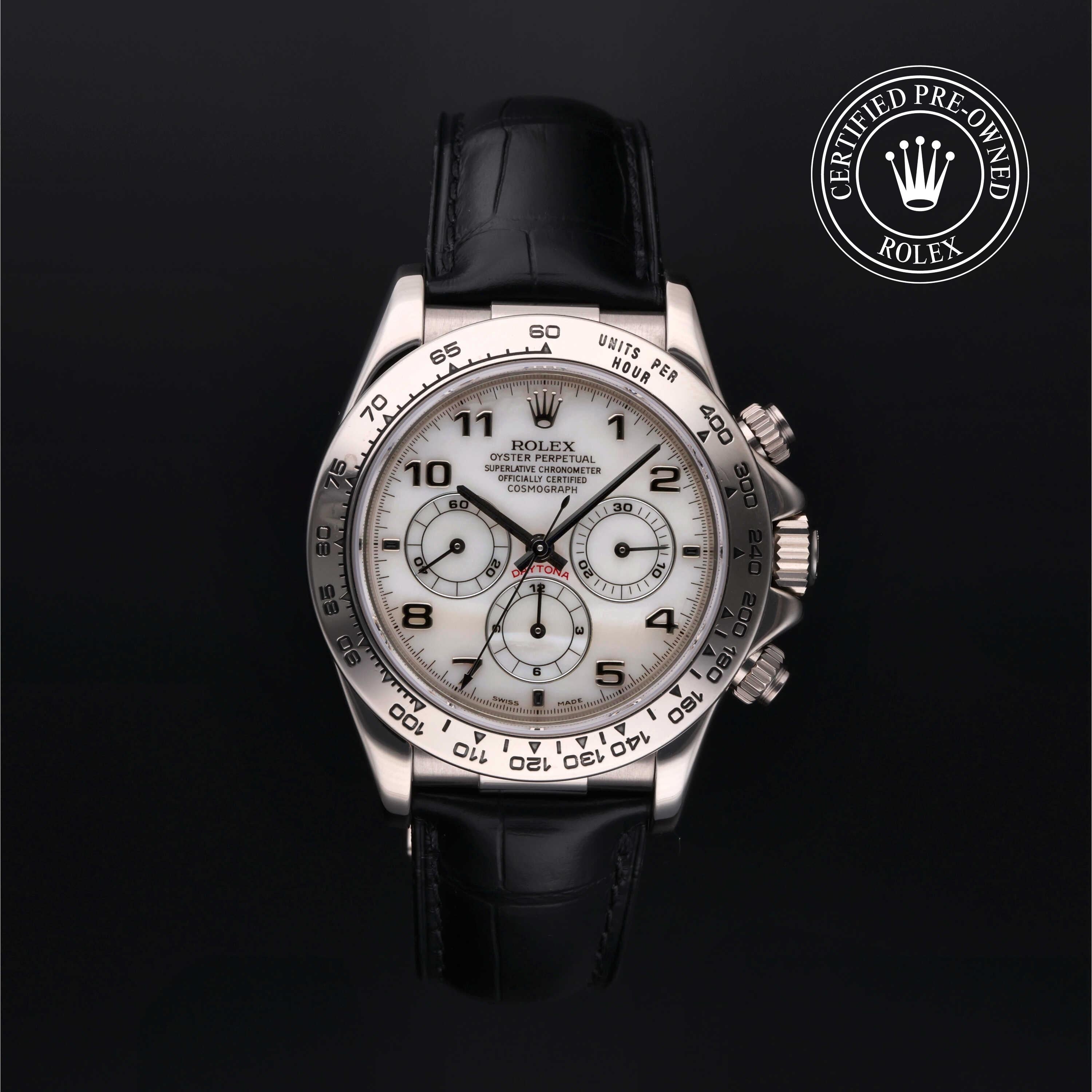 Rolex Certified Pre-owned Daytona M16519-0002 front on black background