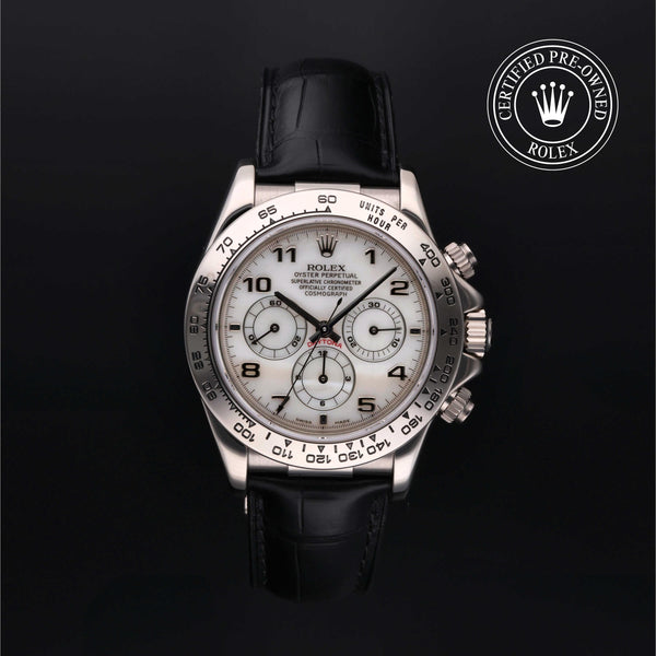 Rolex Certified Pre-owned Daytona M16519-0002 front on black background