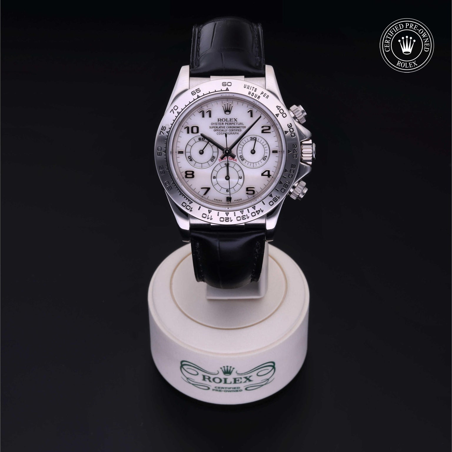 Rolex Certified Pre-owned Daytona M16519-0002 front on black background