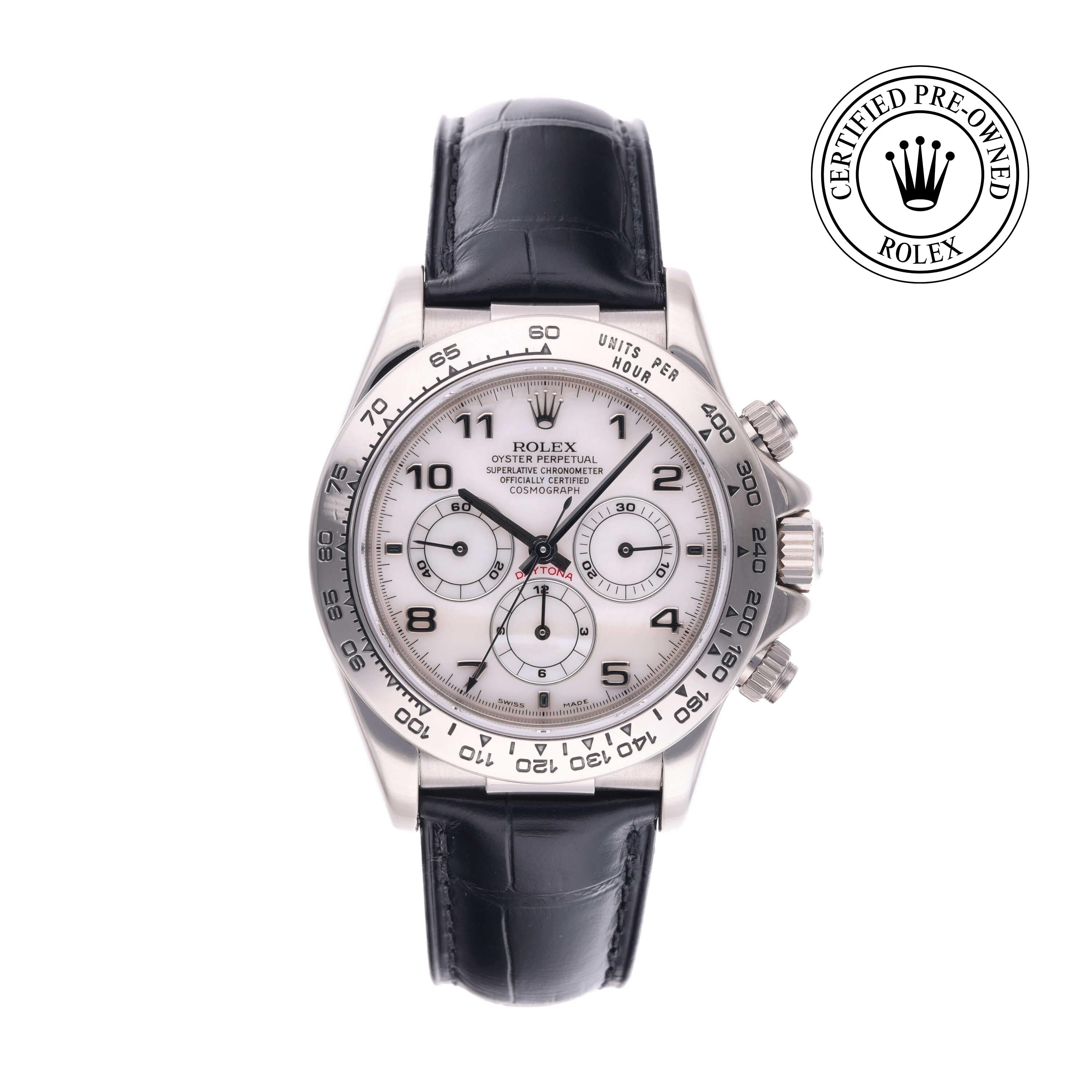 Rolex Certified Pre-owned Daytona M16519-0002 front on white background