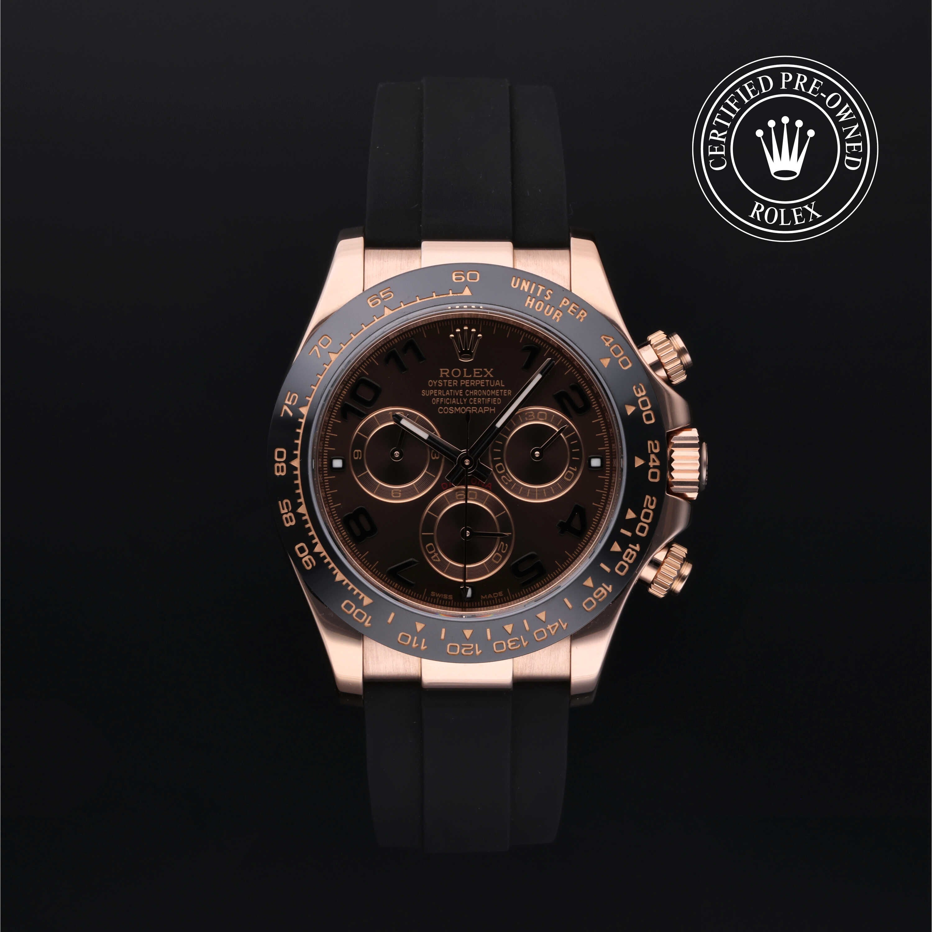 Rolex Certified Pre-owned Daytona M116515LN-0015 front on black background