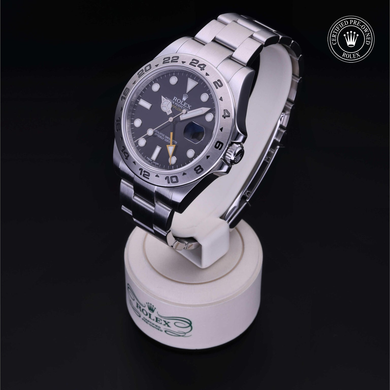 Rolex Certified Pre-owned Explorer M216570-0002 front on black background