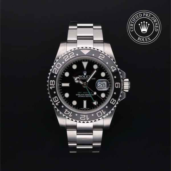 Rolex Certified Pre-owned GMT M116710LN-0001 front on black background