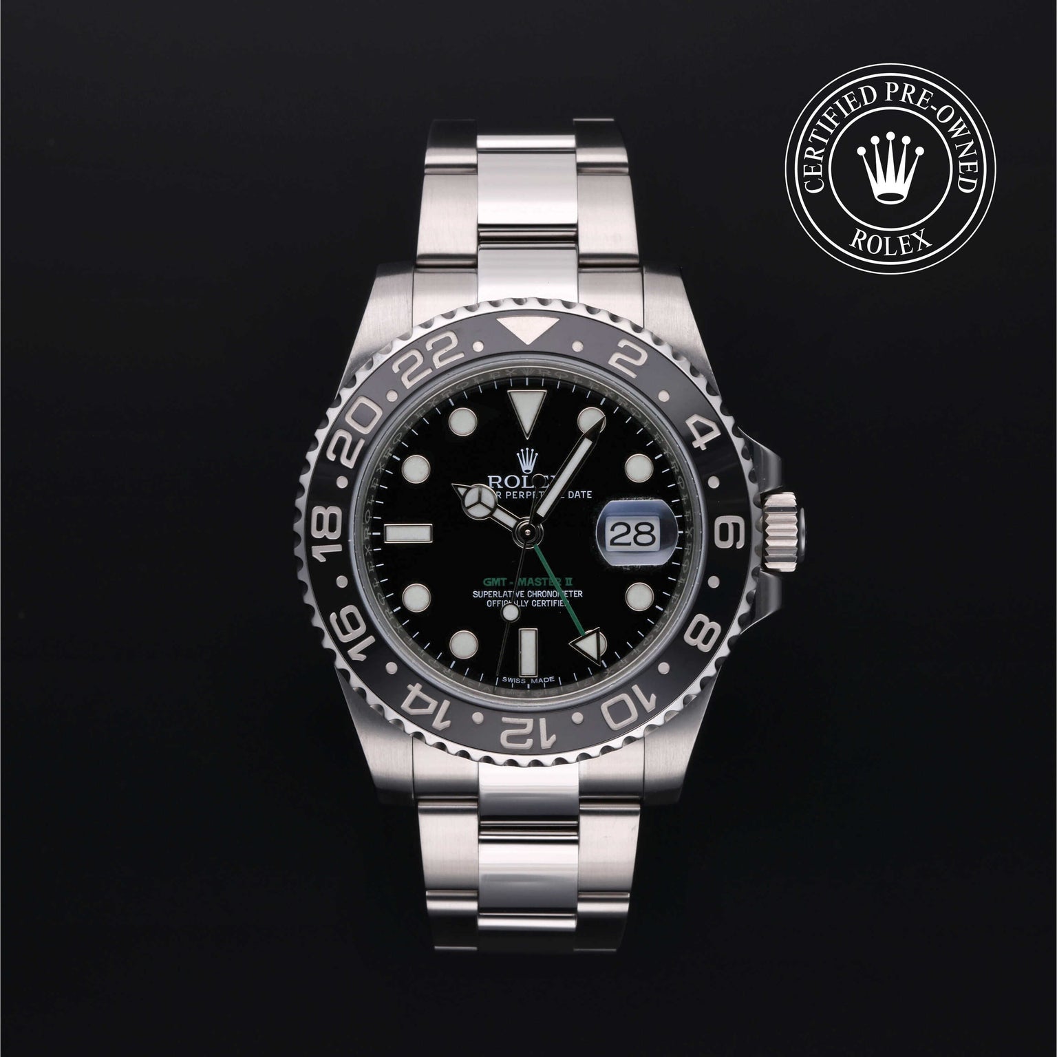 Rolex Certified Pre-owned GMT M116710LN-0001 front on black background