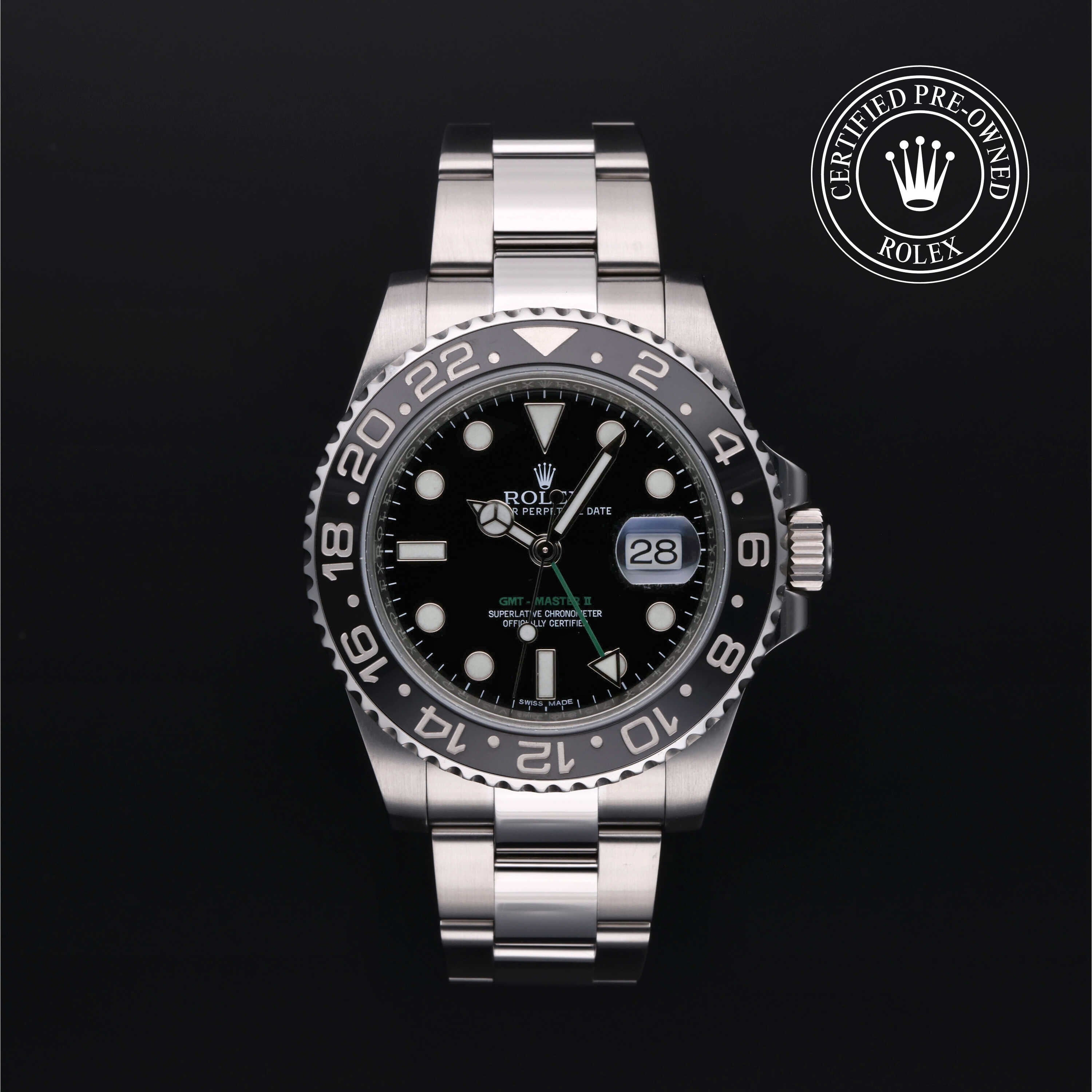 Rolex Certified Pre-owned GMT M116710LN-0001 front on black background