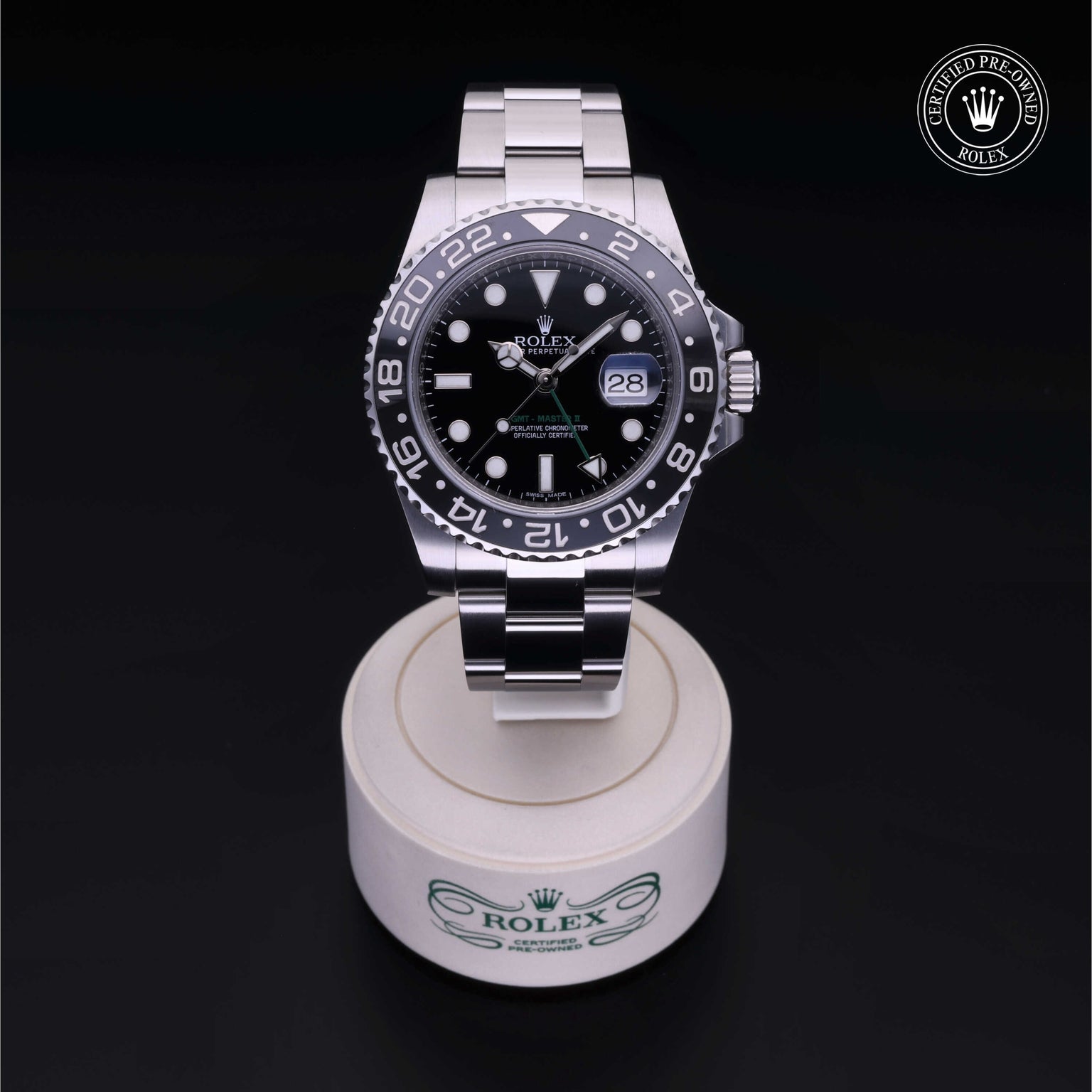 Rolex Certified Pre-owned GMT M116710LN-0001 front on black background